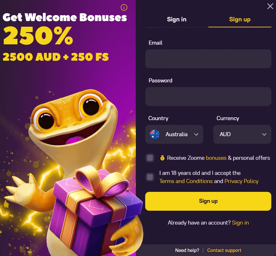 Registration at Zoome casino
